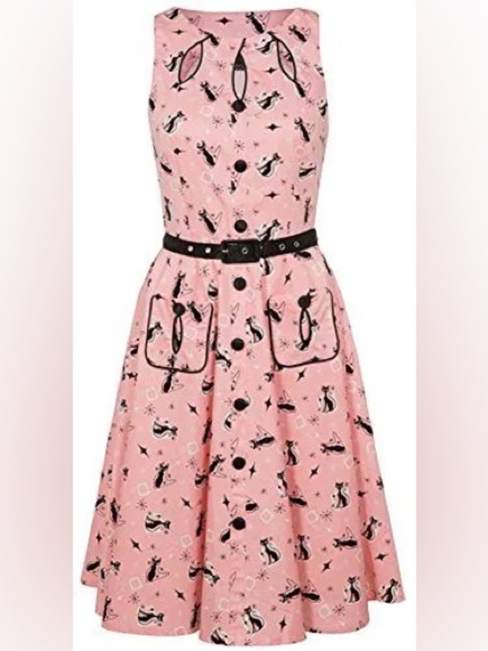 Voodoo Vixen Pink “Kitty” Fit-and-Flare Cat Print Dress with Black Trim